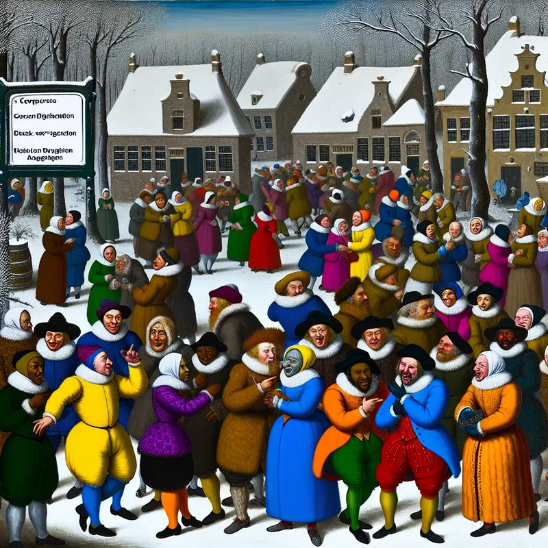 Een levendig winterlandschap met mensen die geruchten delen in een dorpsplein, geïnspireerd door Hendrick Avercamp.