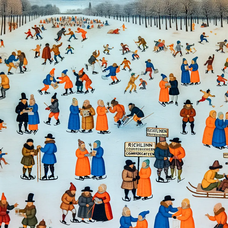 Een levendig winters landschap met kleine figuren die deelnemen aan verschillende activiteiten, zoals het chatten en uitwisselen van documenten, met banners die 'richtlijnen' tonen.