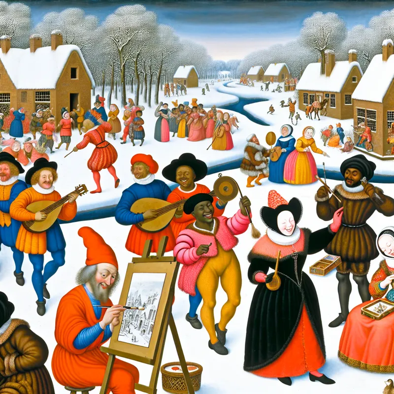 Vibrant winterlandschap met diverse kunstenaars en performers die culturele activiteiten uitvoeren, zoals schilderen en muziek spelen.
