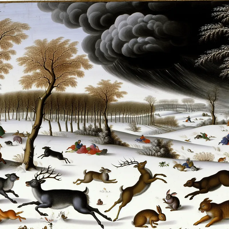 Een winterlandschap met dieren die vluchten voor een naderende onweersbui, waaronder herten en konijnen met geschrokken gezichten.