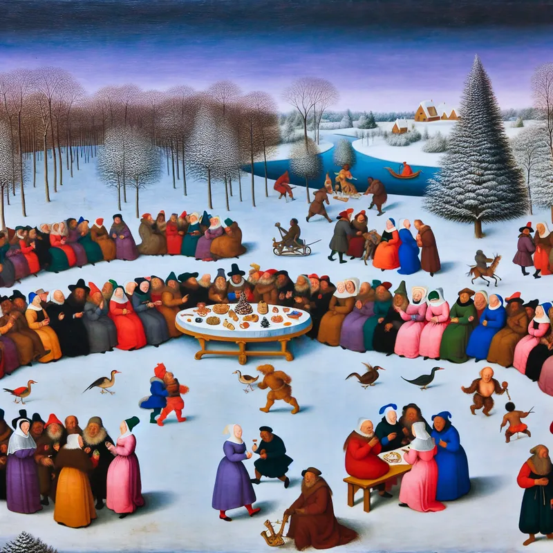 Groep mensen in winterlandschap die levendig discussiëren rond een versierde tafel.