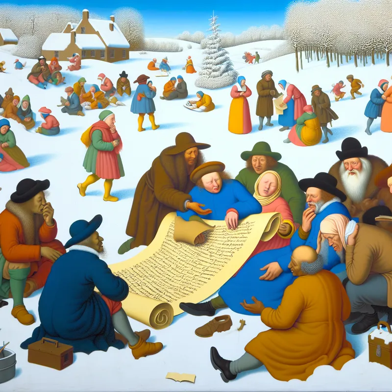 Een groep diverse mensen leest en bespreekt een groot perkament op een besneeuwde oever, met een heldere lucht op de achtergrond.