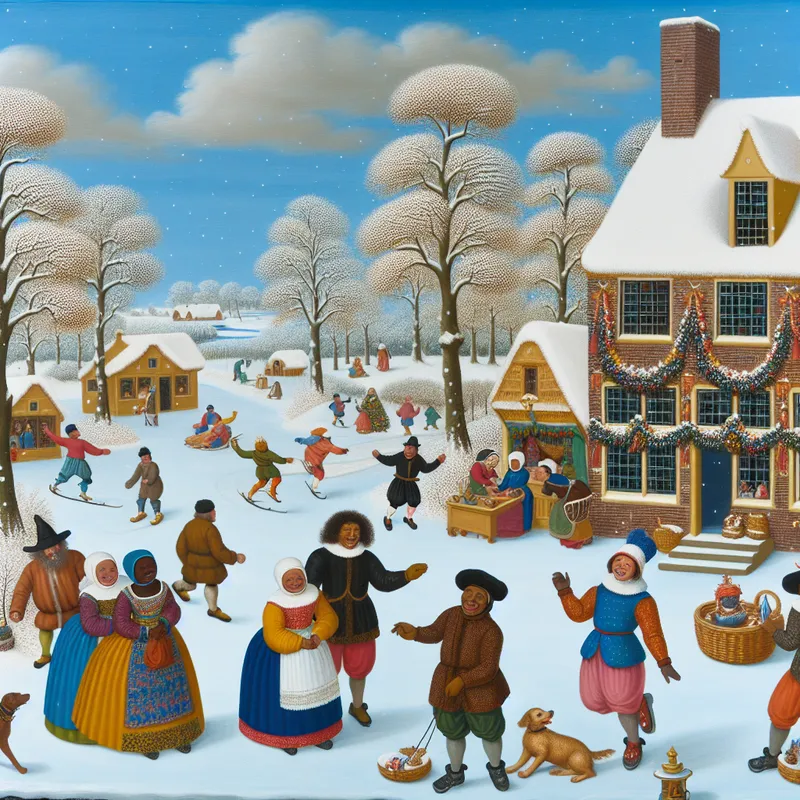 Winterse dorpsscène met inwoners die naar een versierde winkel wijzen en zich vermaken met winteractiviteiten.