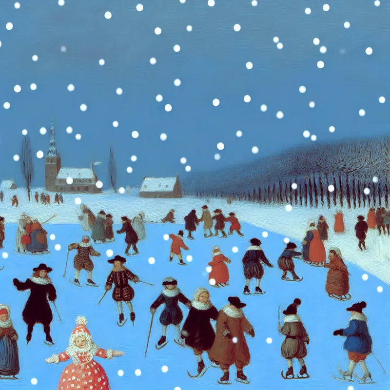 Een winterlandschap met een eenzame figuur te midden van blije mensen die schaatsen en sneeuwpoppen maken.