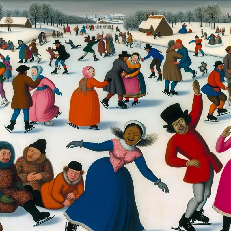 Een winterlandschap met mensen die unieke maniertjes vertonen, zoals een meisje dat spelend in cirkels op het ijs draait en een jongen die komisch valt tijdens het schaatsen.