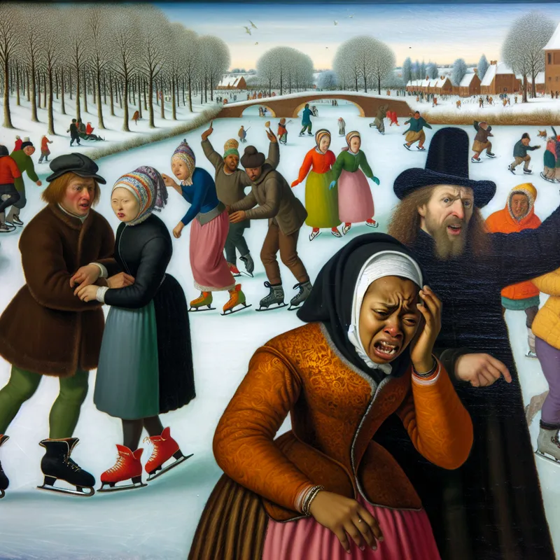 Een winterlandschap met een vrouw die emotioneel aangedaan is, omringd door lachende vrienden.