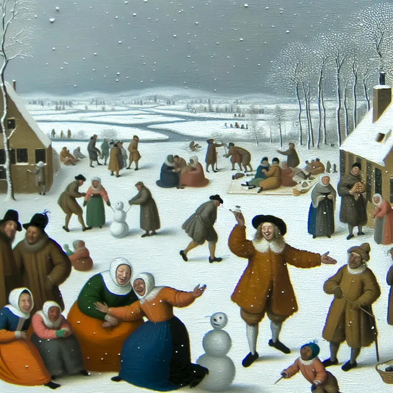 Een winterlandschap met mensen die buiten samenkomen onder vallende sneeuw.