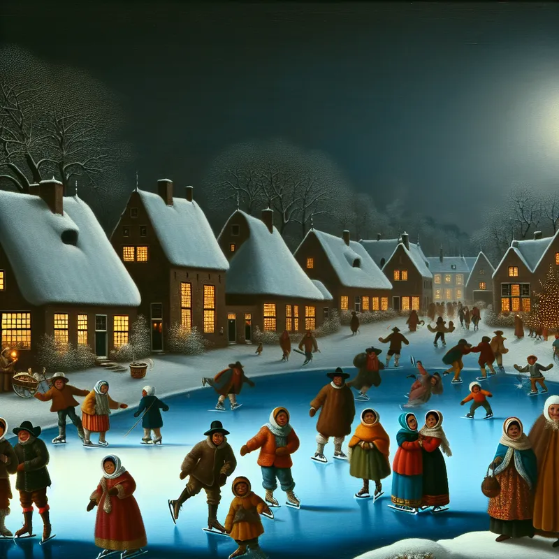 Een winterlandschap met een drukke dorpsscène tijdens de feestdagen, mensen die zich voorbereiden op een viering met decoraties en kinderen die schaatsen op een bevroren vijver.