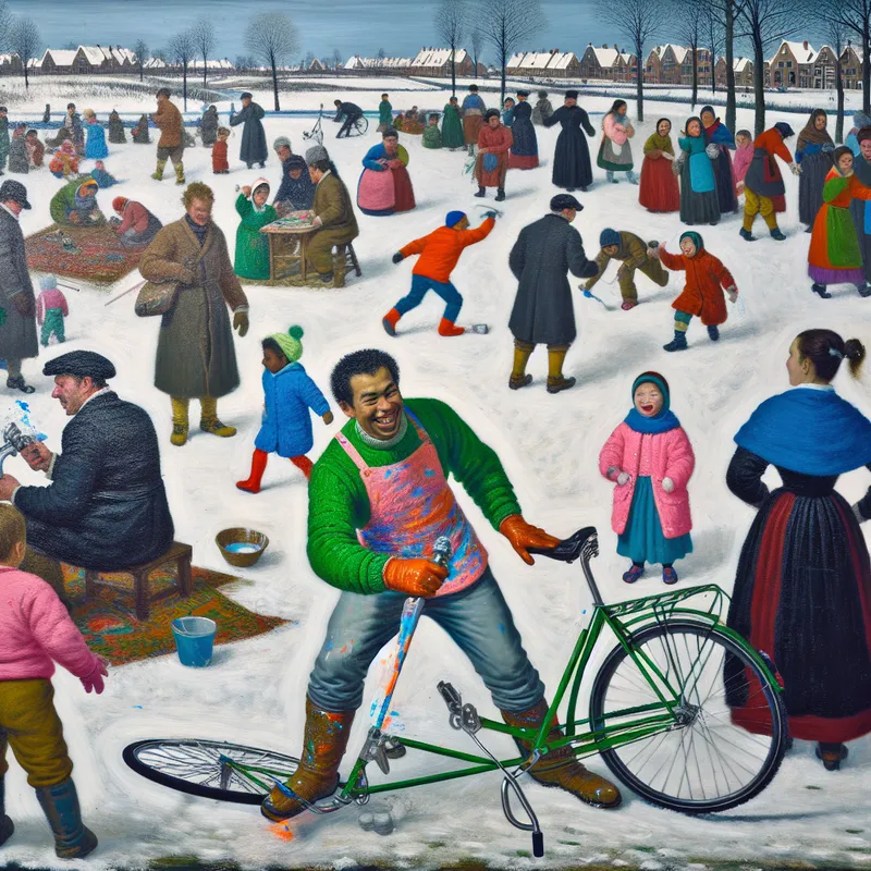 Een man schildert zijn fiets met heldere sprayverf in een levendig winters landschap vol mensen.