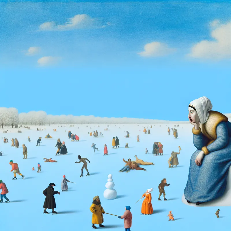 Een kleurrijk winterlandschap met mensen die schaatsen, sneeuwballengevechten houden en met elkaar praten, terwijl een filosoof apart staat en nadenkt.