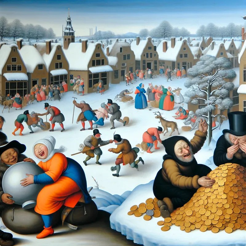 Vibrant winter landscape with small figures engaging in finance activities, featuring a character with a large coin and another with a small pile of coins, set in a snowy village.