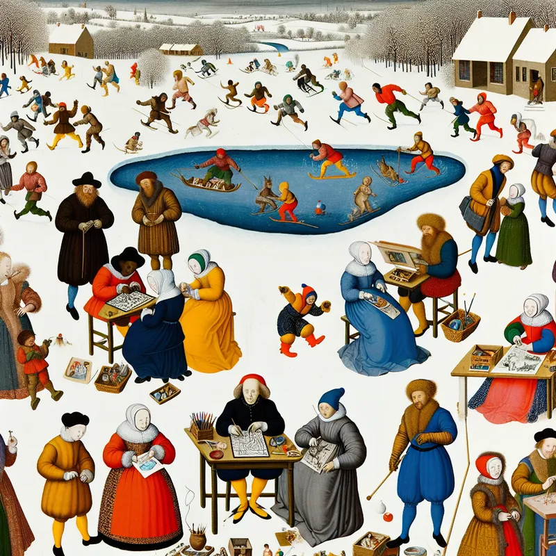Een winterlandschap met mensen die betrokken zijn bij verschillende activiteiten zoals schilderen en schaatsen, dat een eerlijke aandacht voor projecten illustreert.