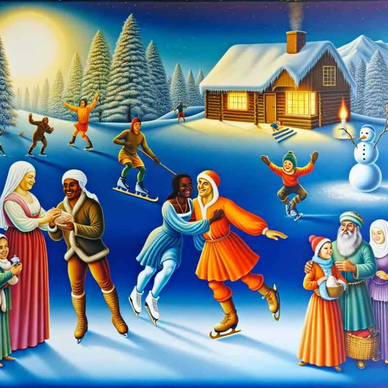 Winterlandschap met diverse mensen die vreugdevolle activiteiten ondernemen, zoals schaatsen en sneeuwpoppen maken, terwijl een wijze figuur op een houten platform een opbeurende toespraak houdt.