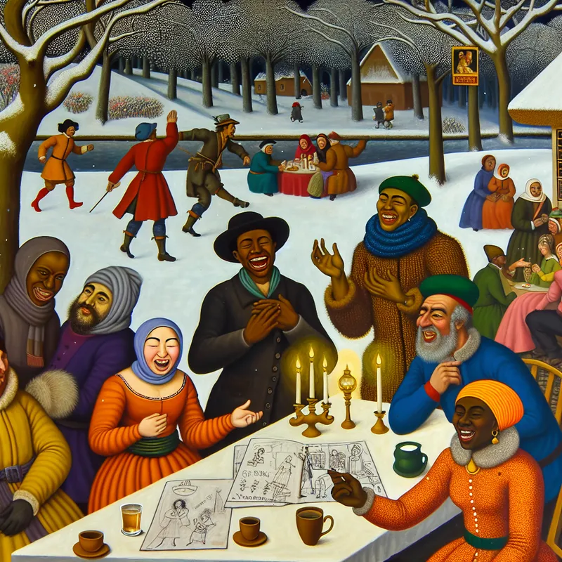 Groep mensen in een winterlandschap aan een grote tafel, discussiërend met glimlachen terwijl sneeuwvlokken vallen.