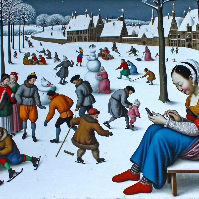 Landschap met winterse scène, jonge meisje op een bankje met mobiele telefoon