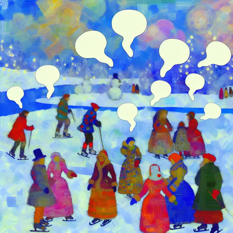 Levendig winterlandschap met mensen die schaatsen en sneeuwpoppen maken, inclusief lege spraakballonnen boven hun hoofden die het concept van ellipsis uitbeelden.