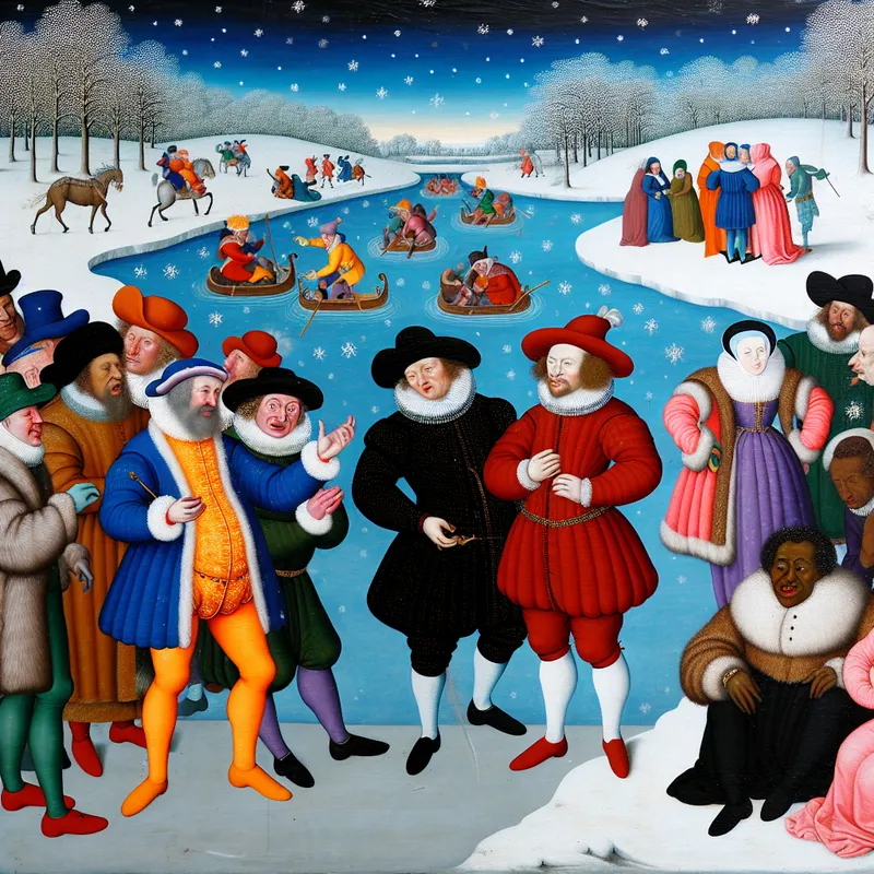 Schilderij van een levendig winterlandschap met mannen in historische winterkleding die argumenteren, terwijl vrouwen met gefrustreerde gezichten toekijken. Thema van genderongelijkheid prominent aanwezig.