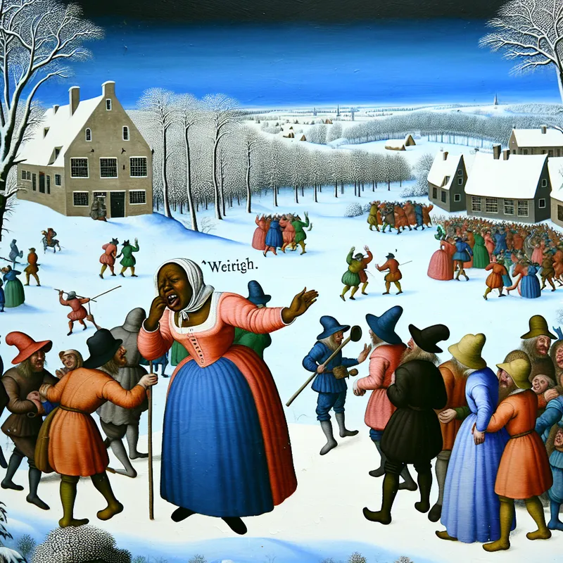 Een winterlandschap met mensen die samenkomen, met een persoon die zich probeert te laten horen(tegen een achtergrond van lachende kinderen en schaatsers).