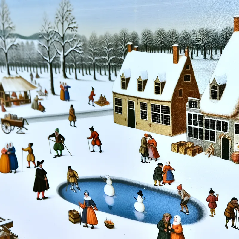 Winterlandschap met een historische dorp, mensen schaatsend op een vijver en een markt met meubelontwerpers