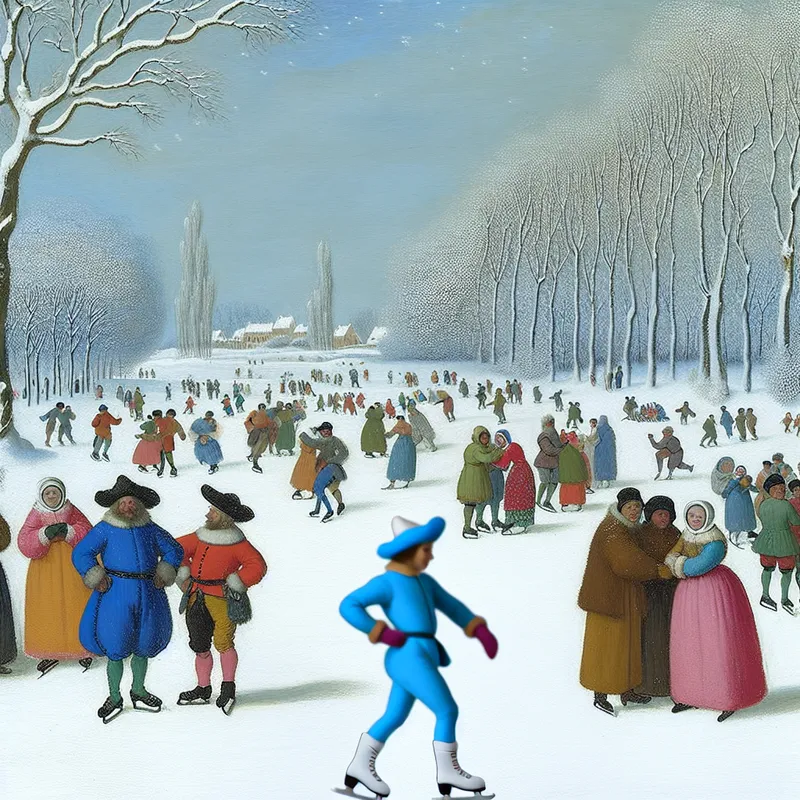 Een levendig winterlandschap met een persoon die een unieke schaatstechniek uitvoert, omringd door skaters op een bevroren vijver.