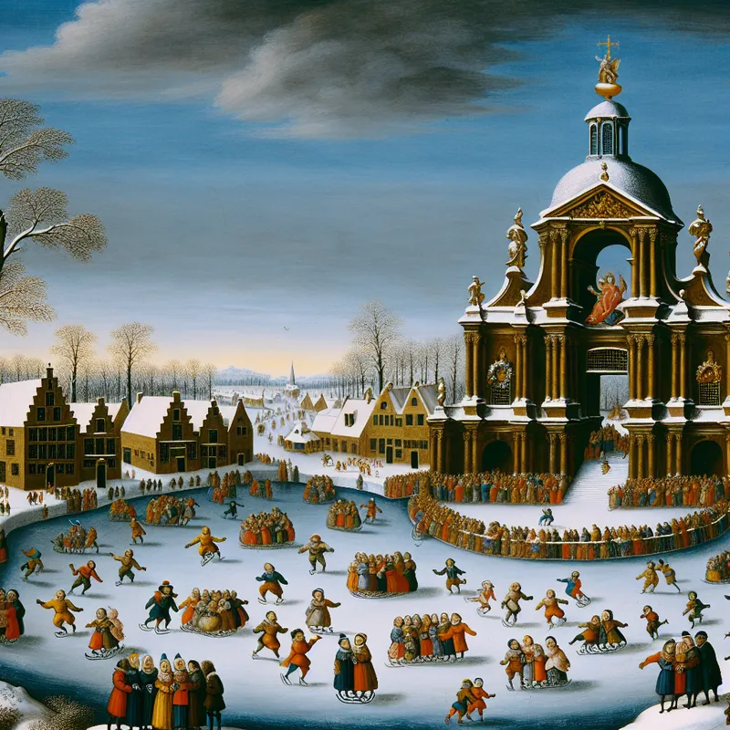 Een winterlandschap met mensen rondom een grote gebouw, geïnspireerd door Hendrick Avercamp, vol winteractiviteiten.