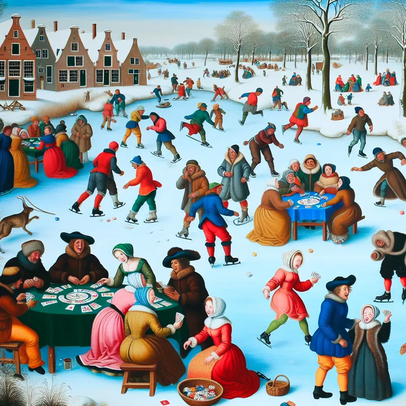 Een levendig winterlandschap met mensen die kansspelen spelen op een bevroren meer, met schaatsers en een plezierige sfeer.