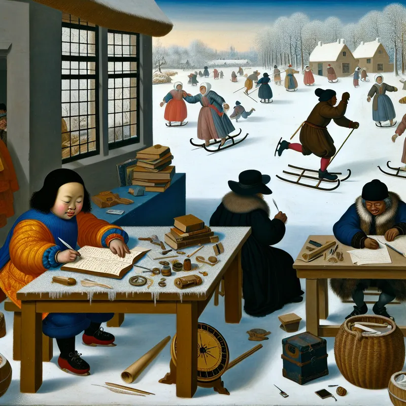 Kind dat zijn huiswerk doet op een houten tafel in een druk winters landschap vol activiteiten zoals schaatsen en sleetje rijden