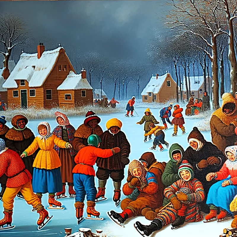 Tweede groep mensen in een winterlandschap met kinderen op een bevroren meer en volwassenen rond een vuur