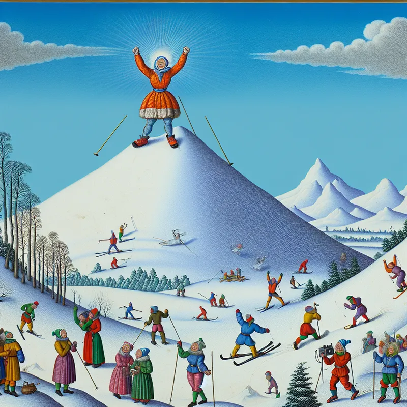 Klimmer die triomfantelijk de top van een besneeuwde berg bereikt, met omringende mensen die skiën en snowboarden.