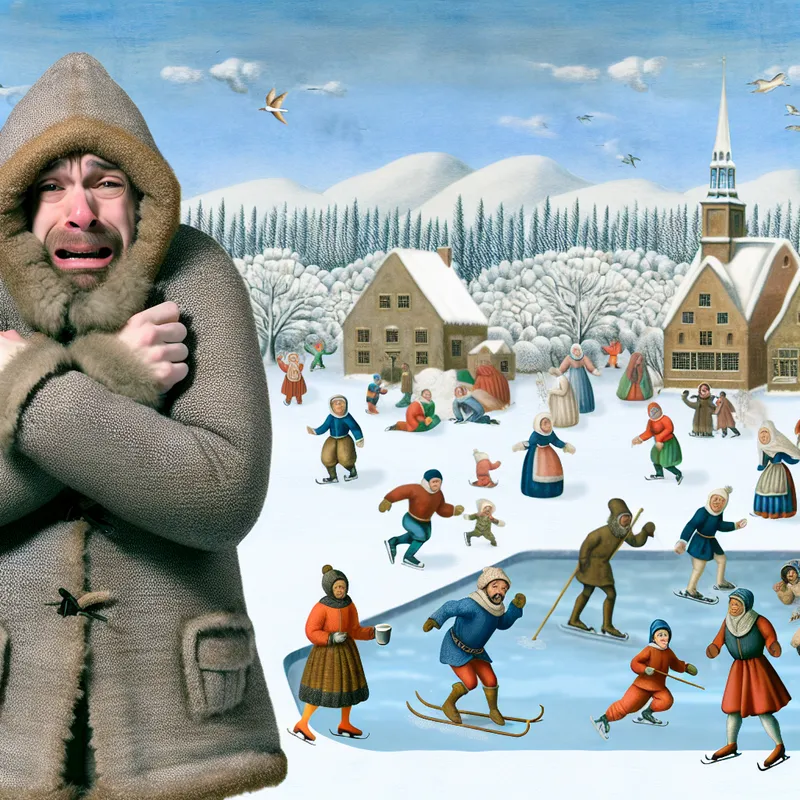 Een winterlandschap met een persoon in zware kleding die zichtbaar staat te rillen van de kou, omringd door spelende kinderen, een stelletje met warme chocolademelk en schaatsers op een bevroren vijver.