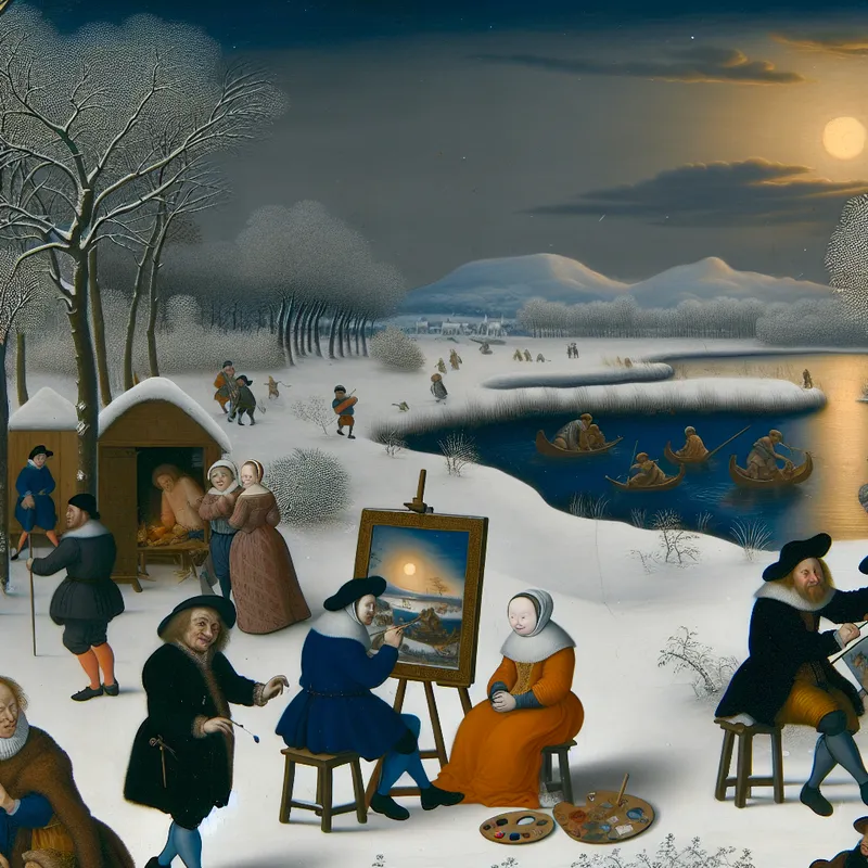 Een winterse landschapsscène met mensen die actief plezier beleven op een bevroren meer, geïnspireerd door Hendrick Avercamp.