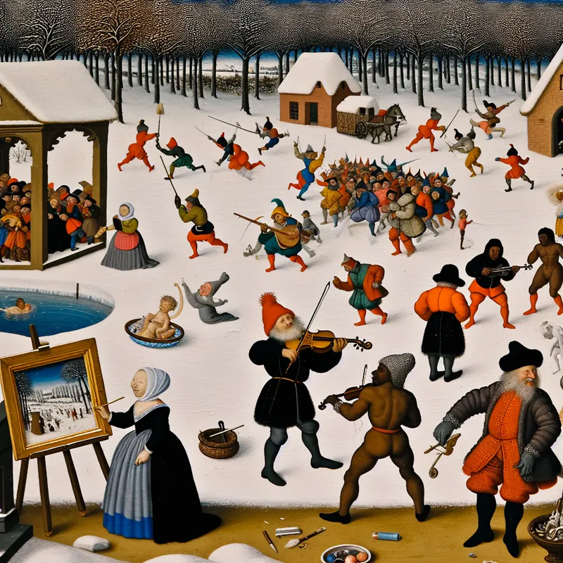 Vibrant winter landscape met levendige figuren die verschillende kunstvormen beoefenen, waaronder schilderen en muziek maken.