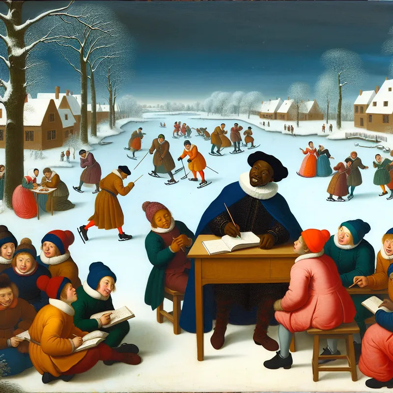 Een winterlandschap met een levendige scène van een leraar en blije studenten die leren, terwijl gezinnen op een bevroren vijver schaatsen.