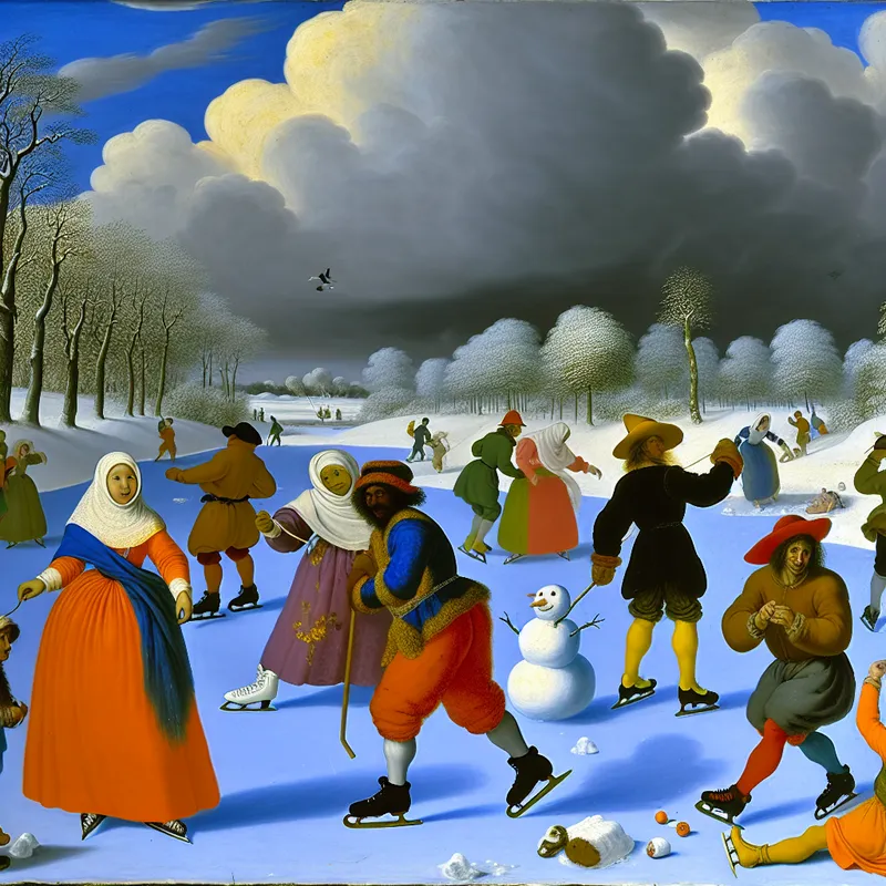 Levendig winterlandschap met mensen die schaatsen en spelen op bevroren meren.