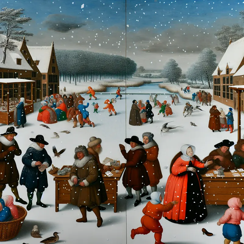 Winters landschap met een drukke markt waar verkopers en klanten actief prijzen bepalen te midden van vallende sneeuw.