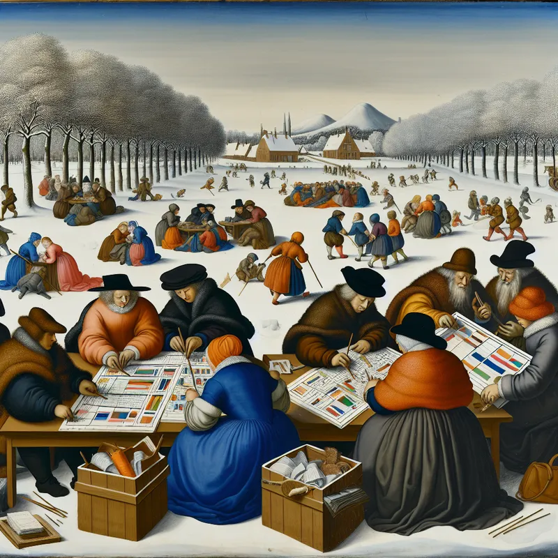 Een winterlandschap met mensen die concentreren op het analyseren van data met sneeuwbedekte bomen op de achtergrond.