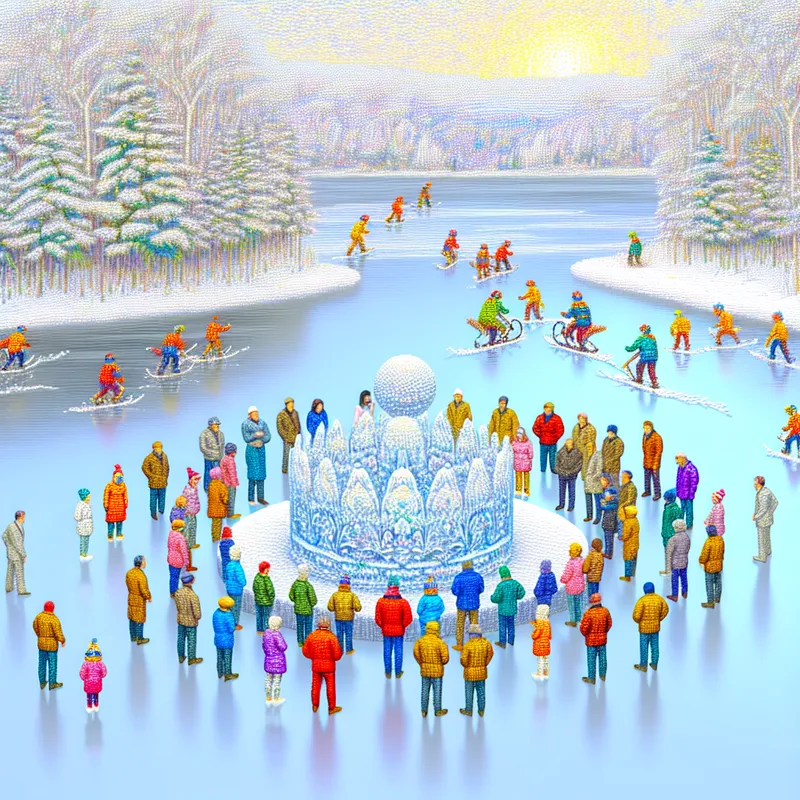 Groep mensen overleggen op een bevroren meer met een intrigerend ijssculptuur in een winterlandschap.