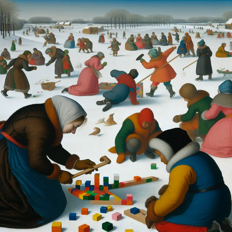 Vrouw organiseert kleurrijke blokken in de sneeuw met opgewonden kinderen om haar heen, op een winterlandschap vol ijsprinsen en sneeuwpoppen.