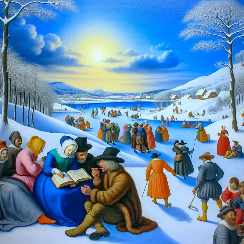 Landschap met mensen die samen een boek lezen in een besneeuwd winterlandschap