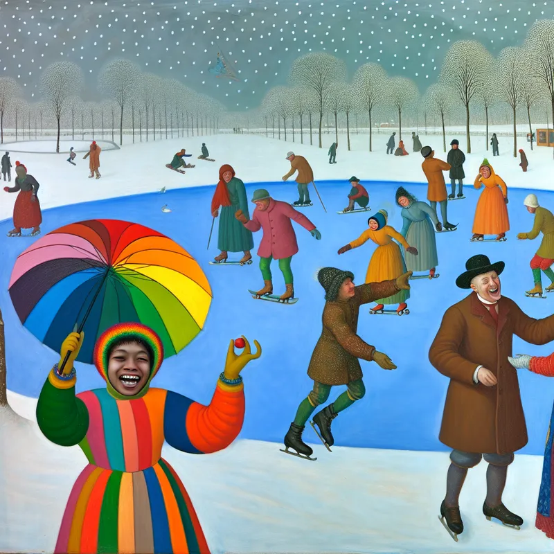 Een kind met een kleurrijke paraplu in een sneeuwlandschap, lachend naar de lucht terwijl andere mensen schaatsen op een bevroren vijver.