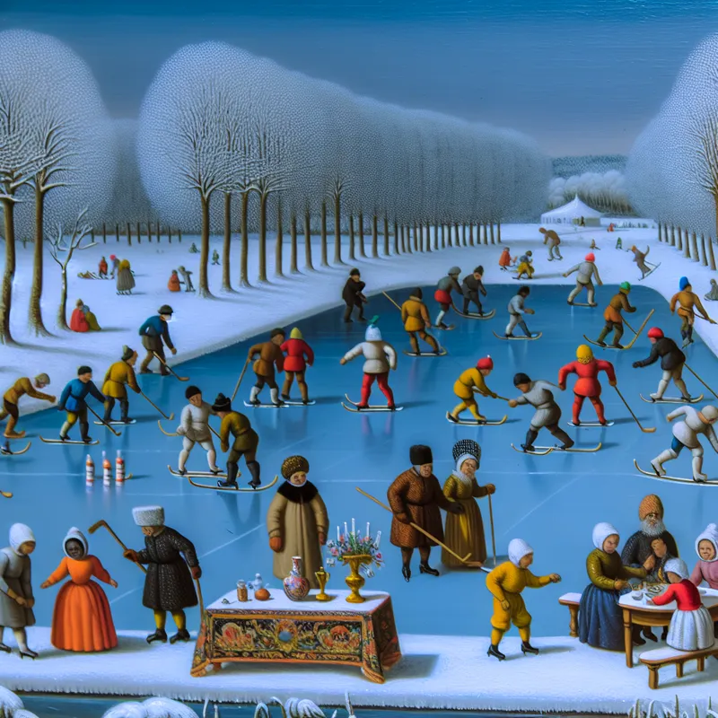 Winterlandschap met mensen die een ontmoetingspunt opzetten rondom een houten tafel