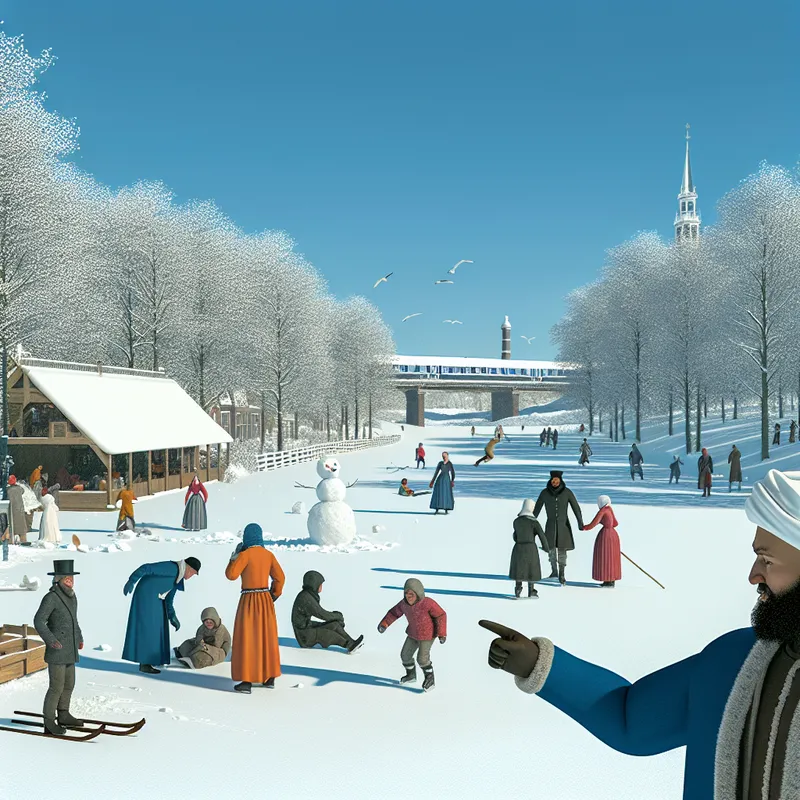 Winterlandschap met mensen die een sneeuwpop bouwen en schaatsen, met een pad naar een treinstation op de achtergrond