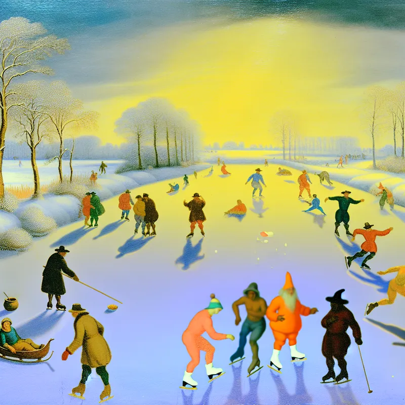 Een winterlandschap met schaatsers en een ijsvisscene, met een heldere lucht en een zonnige uitstraling.