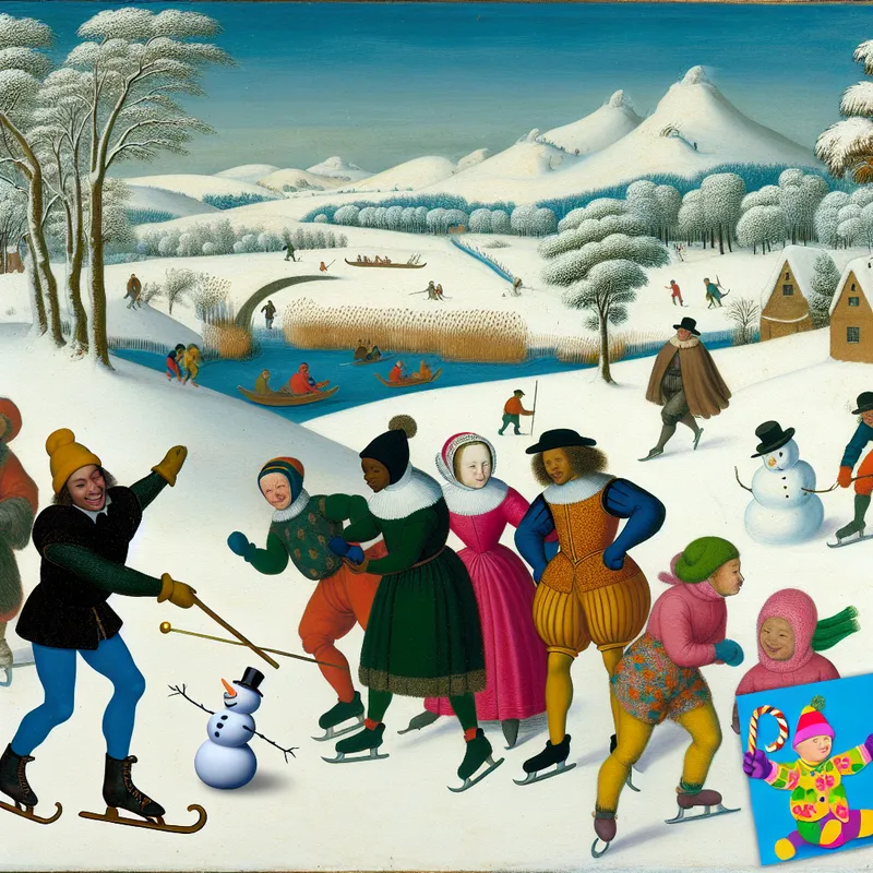 Een winterlandschap met mensen die buiten activiteiten doen zoals schaatsen en een sneeuwman maken, met een persoon die een kleurrijke verjaardagskaart vasthoudt.