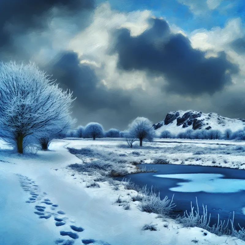 Een winterlandschap met een besneeuwd veld en voetafdrukken in de sneeuw, onder een dramatische grijze lucht.