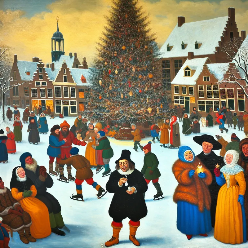 Groep mensen verzameld rond een prachtig versierde nieuwjaarsboom in een druk dorpsplein met een persoon die een wenspapieren vast houdt.