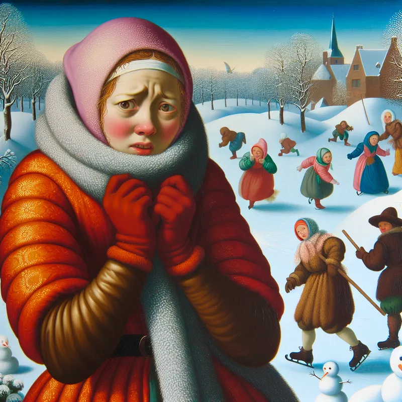 Jonge vrouw in winterse scène die nerveus met haar sjaal speelt en naar haar horloge kijkt terwijl anderen schaatsen.