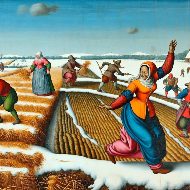 Boeren in traditionele kleding oogsten gewassen in een levendig winterlandschap met sneeuw op de bodem.