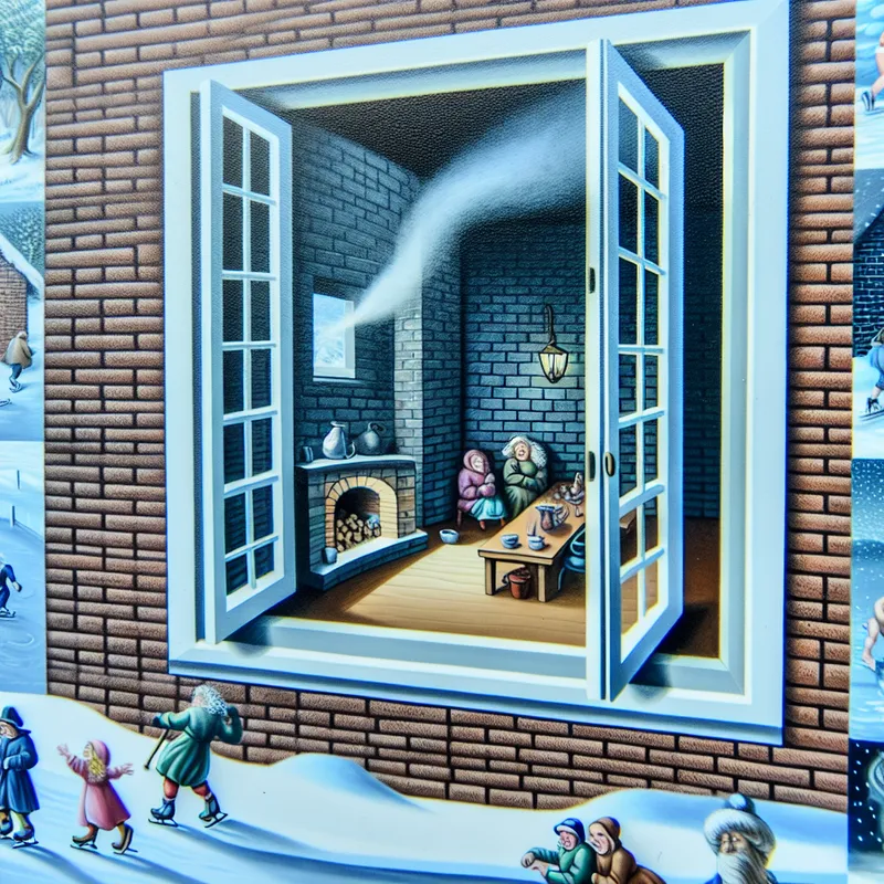 Een winterlandschap met een klein open venster in een bakstenen muur, waar frisse lucht binnenkomt en kinderen buiten in de sneeuw spelen.
