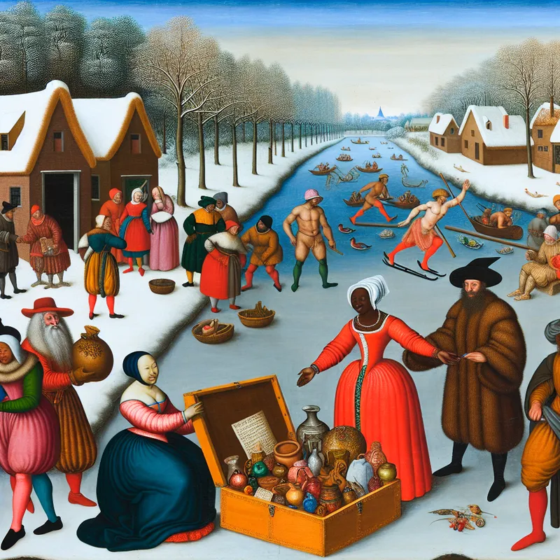 Een levendig winterlandschap met een diverse groep mensen die betrokken zijn bij een transactie bij een bevroren kanaal.